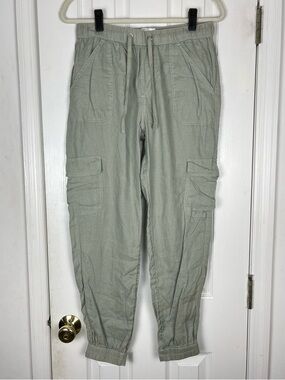 Nicole Miller 100% Flax Linen Sage Green Cargo Jogger Pants Sz M